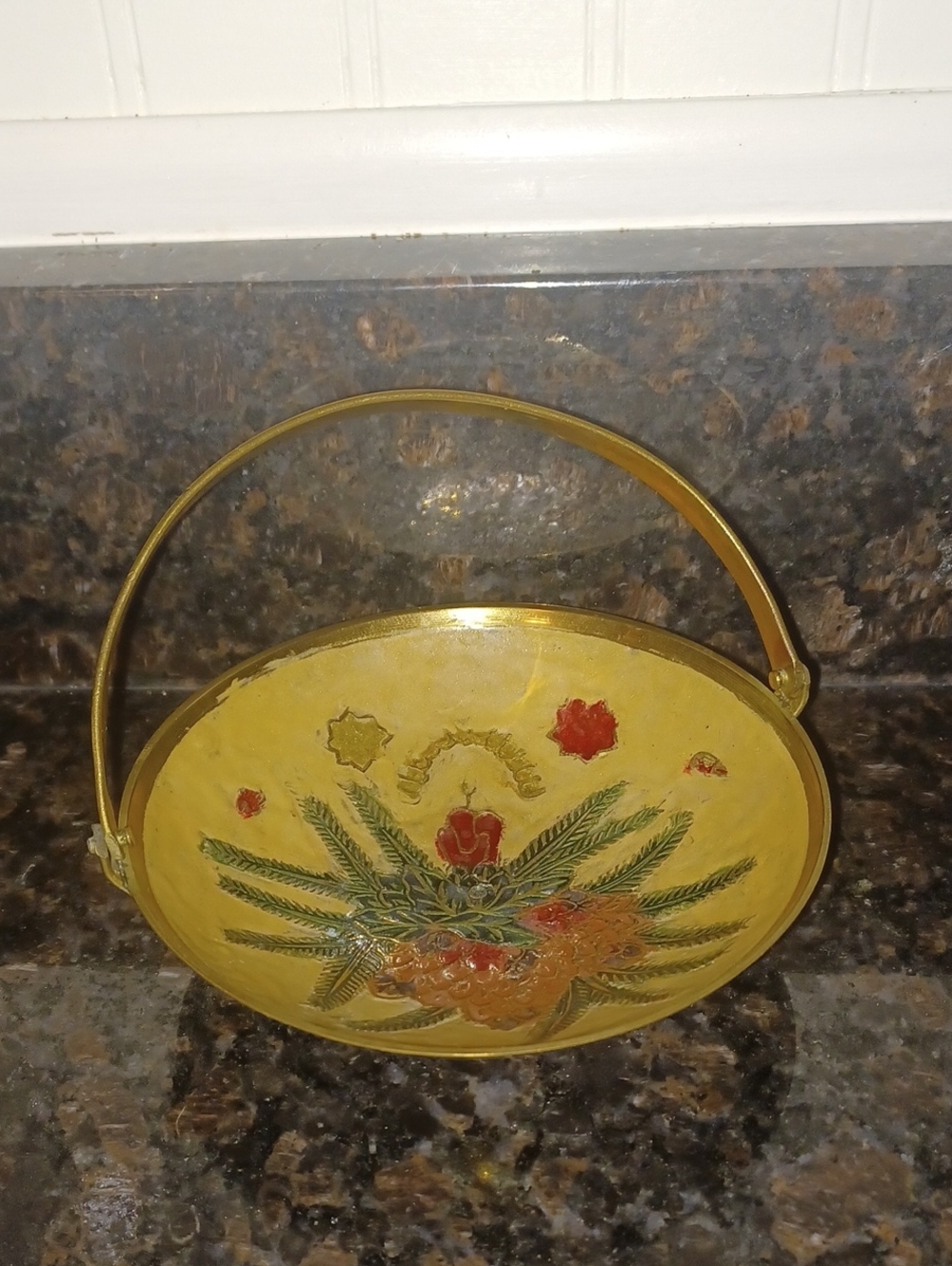 Vintage Mid-Century Etched Brass Decorative Bowl w/ Swing Handle Painted Floral